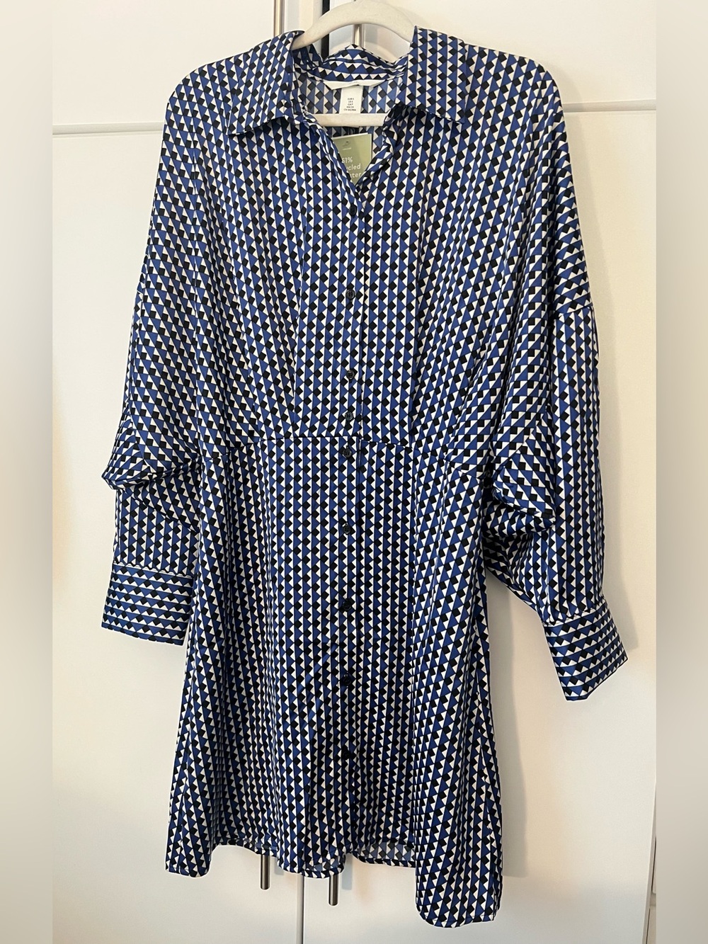 H&M Blue Geometric Print Button-Front Long Sleeve Dress NWT size small